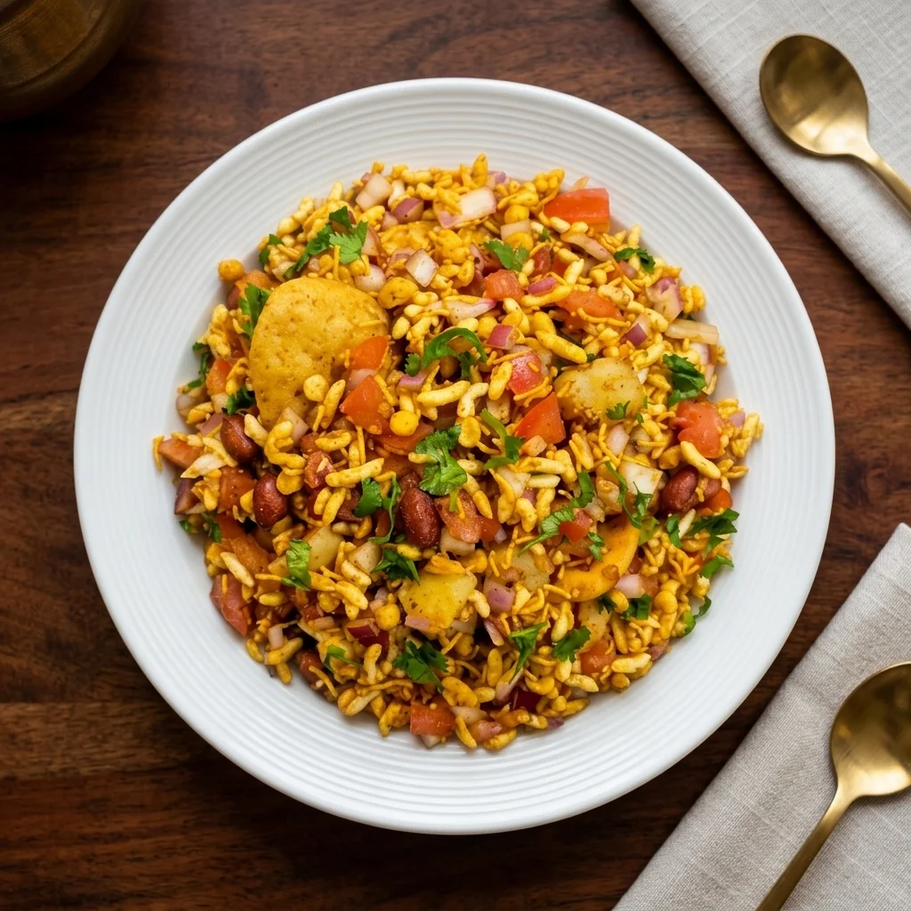 Bhel Puri - puffed rice chaat with sev, potatoes and tangy chutneys at Chatkhara By Krishna in downtown Edmonton, AB