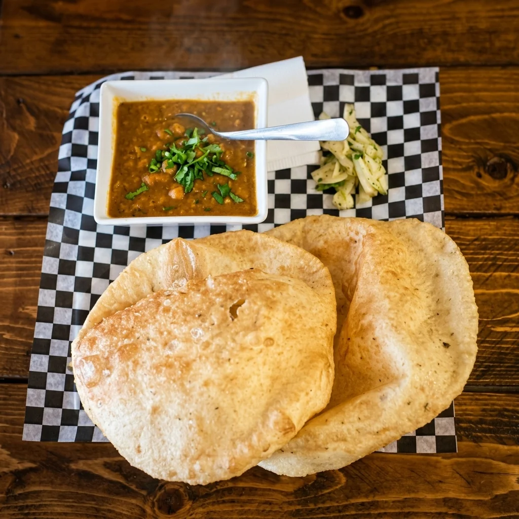 Chole Bhature - pure vegetarian chickpea curry with fried bread at Chatkhara By Krishna in downtown Edmonton, AB